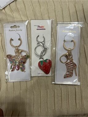3 Bundle Key Chain or Bag Charm NWT Strawberry, Butterfly, High Heel.